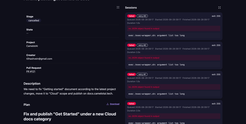 Camelot task page with a Sessions panel listing one agent run after another, each marked failed with exit 255 and no JSON object found in output